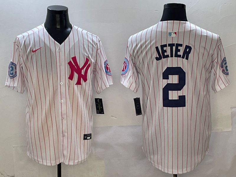 Men New York Yankees 2 Jeter White Stripe Jointly Name Nike 2025 MLB Jersey style 1